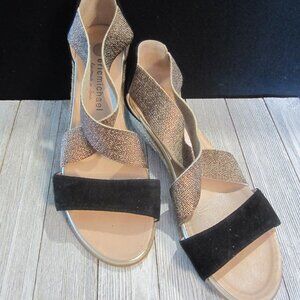 NEW Eric Michael - Black and Gold Sandals with Jute Wrapped Wedge Heel - Sz:8.5